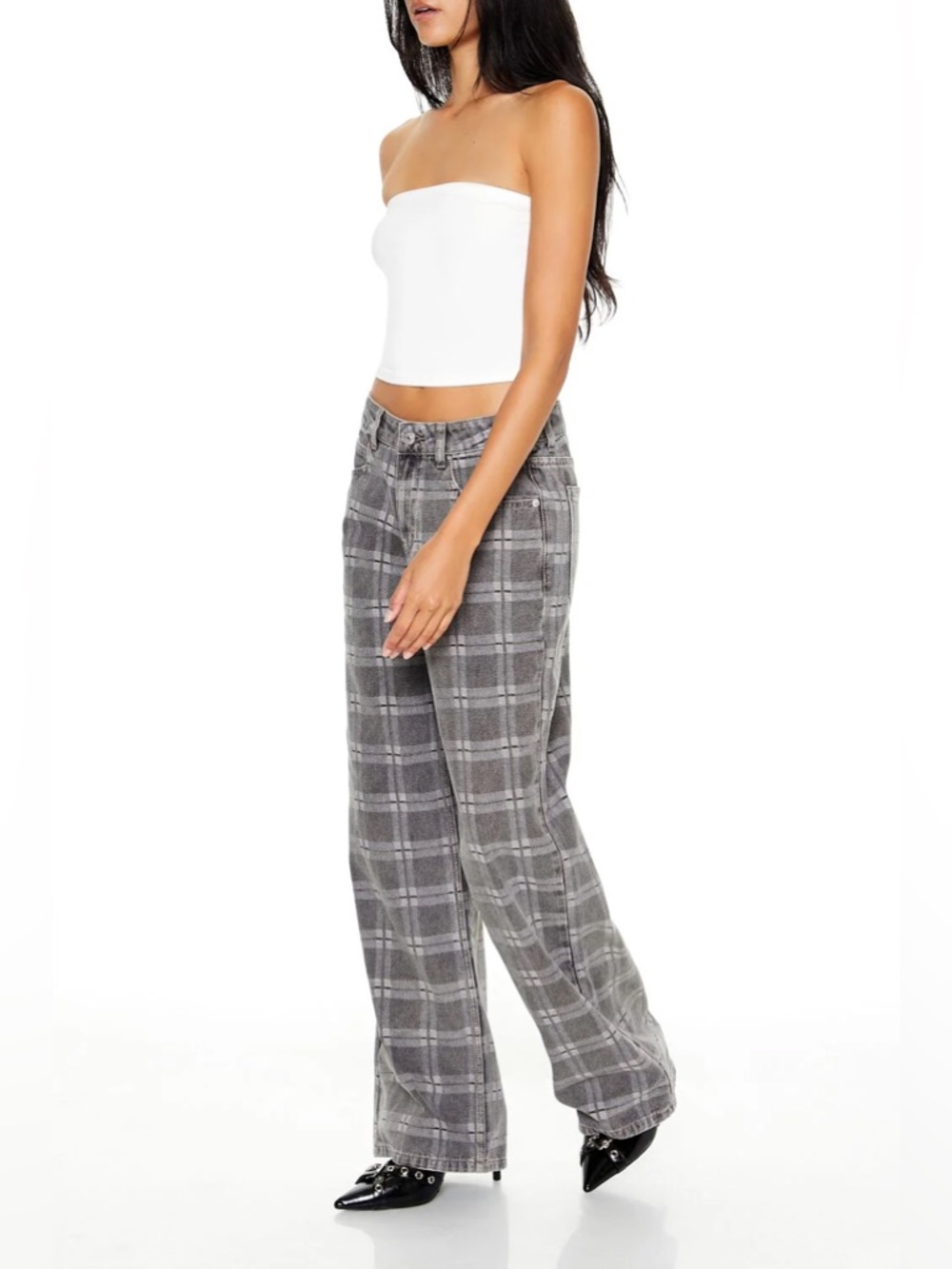 Forever 21 Plaid Mid-Rise Baggy Wide Leg Denim Jeans - Size 25 - Picture 5 of 16